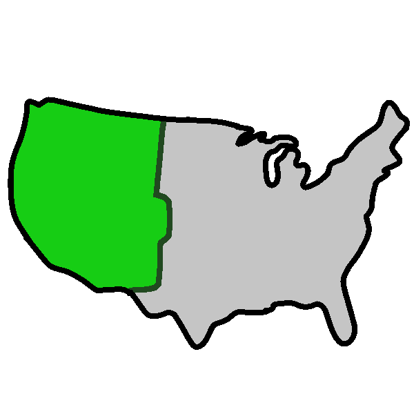A gray map of the United States, with the western region highlighted in green.